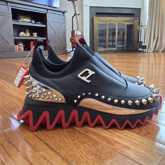 Christian Louboutin Black Sneakers with Red Soles and Silver Spikes - Picture 4 of 12